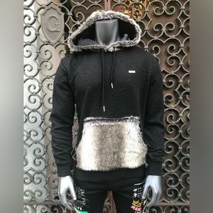 Men’s Makobi Black | Grey Faux Fur Quilted Pullover Hoodie NWT